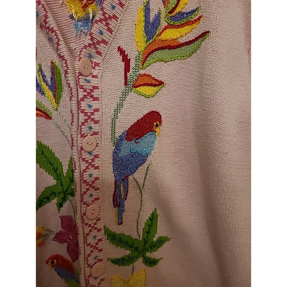 Storybook Sweater Womens Medium Pink Parrots Tropical Cardigan Floral - Picture 4 of 7
